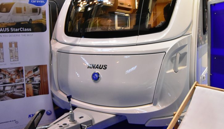 The Knaus StarClass 560 has a large front locker and sits on a BPW chassis, with a Winterhoff hitch stabiliser and the IDC stability control system