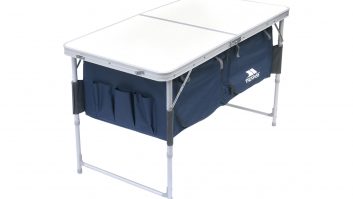 The Argos 309/3753 Trespass Foldable Storage Table for camping has a built-in cupboard beneath