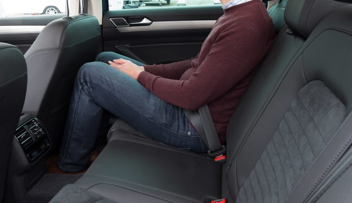 Rear-seat passengers get ample legroom and cool-air vents, in fact the large transmission tunnel is the only drawback – read more in the Practical Caravan VW Passat Estate review