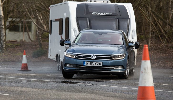 The VW Passat remained in control of the twin-axle van through the challenging lane-change manoeuvre, even in damp conditions