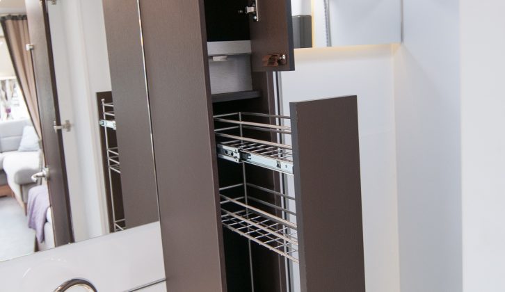 A slim cupboard and this slide-out racking are intelligent storage solutions that make best use of the available space