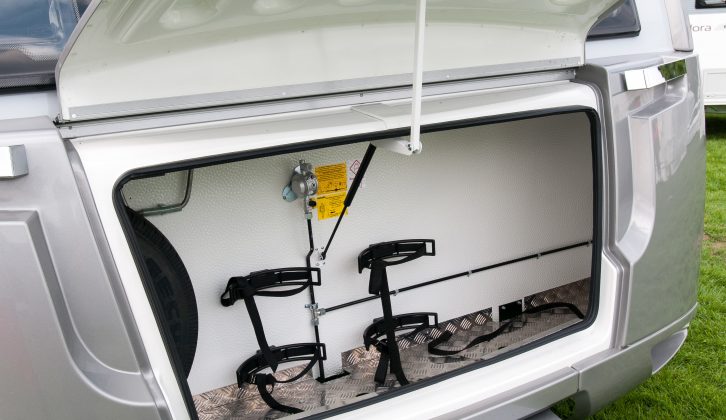 The front locker can take two gas cylinders and a spare wheel – note also the chrome grabhandles and the non-slip detailing on the A-frame, so you can stand on it