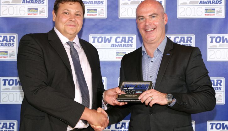 Our top petrol tow car of the year is the Ford Mondeo Vignale and Ford's Mondeo product manager – and enthusiastic caravanner! – Paul Baynes collected the award