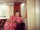 Nigel's mum, Barbara, lounging in the caravan (with original curtains), circa 1986
