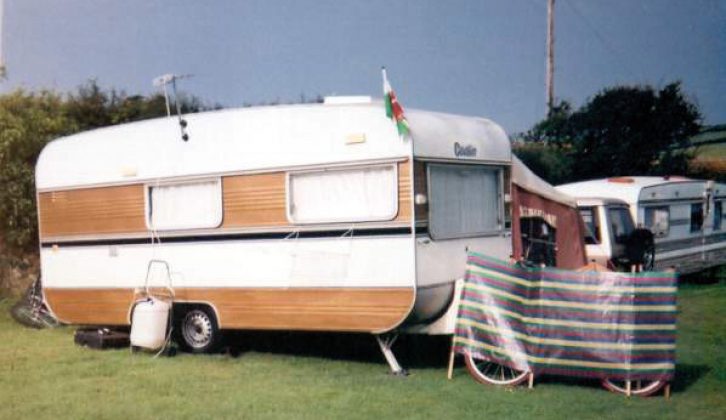 Looking pretty on grass at Praa Sands in Cornwall in 2004; the caravan on the right looks a similar vintage