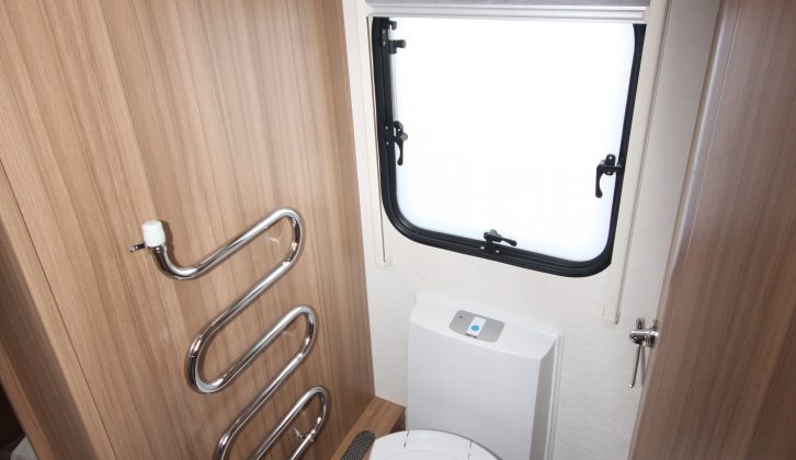 The Alde heated towel rail is sited next to the Thetford toilet