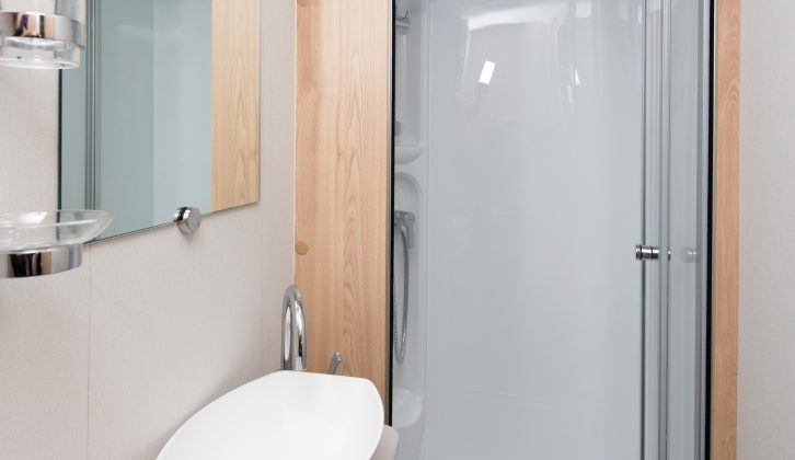 The large, fully lined shower has a bi-fold door, while the stylish bowl sink with pop-up plug is a new-for-2017 feature