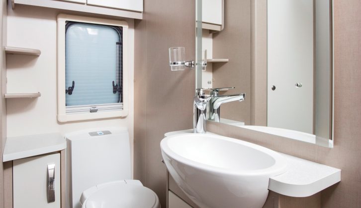 The washroom is well-eqipped with space for dressing – read more in the Practical Caravan Sterling Eccles 635 review