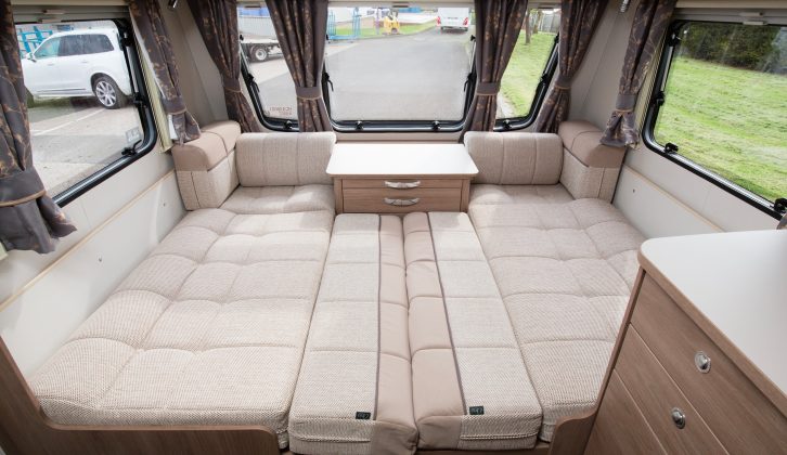 The front make-up double bed is 2.08m x 1.13m and the cushions create a comfortable place to sleep