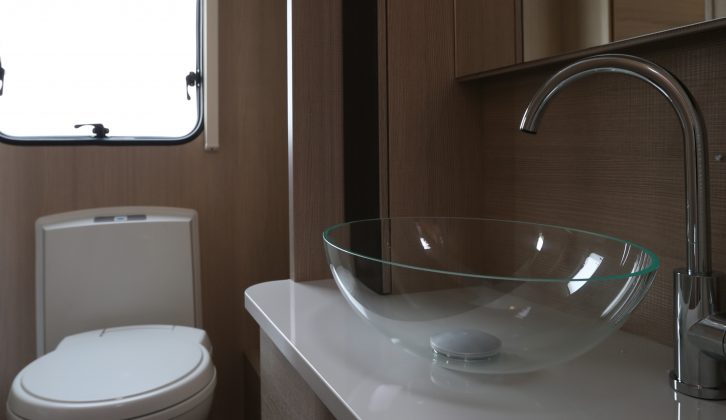 The Adria Adora 613 UT Thames has a narrow end washroom, but it's elegantly designed