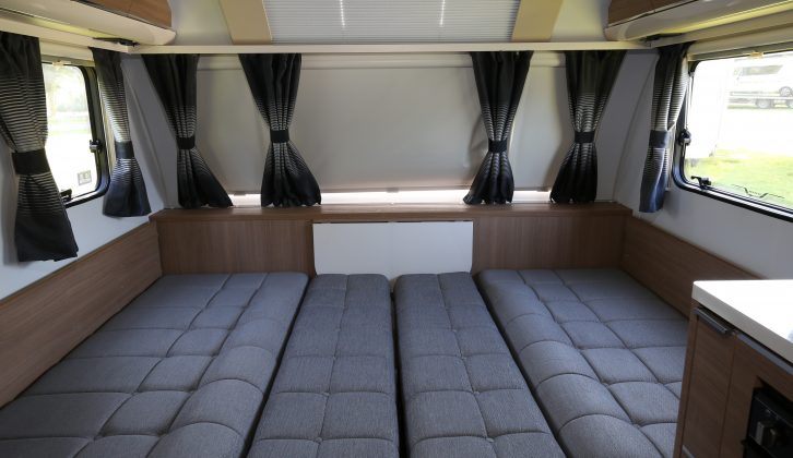 The Adria Adora 613 UT Thames has a 2.24 x 1.54m front make-up double bed