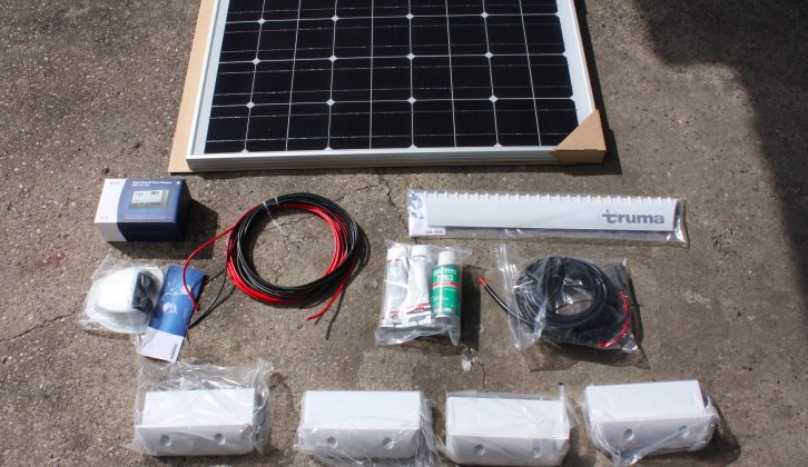 The contents of the SolarSet 65 Wp kit, as supplied by Truma – it costs around £460