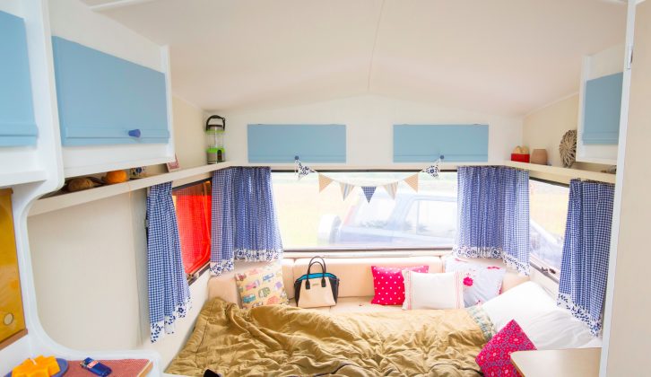 Barbara made the gingham curtains inside this 1979 caravan that was rescued from being a children's wendyhouse