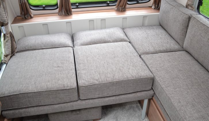 The front make-up double bed involves using six cushions, but it’s comfortable with the mattress topper