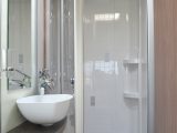 The large shower cubicle in the end washroom has only one drain hole – read more in the Practical Caravan Alaria TI review