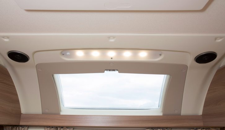 The panoramic window, rooflight and spotlights mean the Swift Lifestyle 6 FB's living area is well lit come day or night