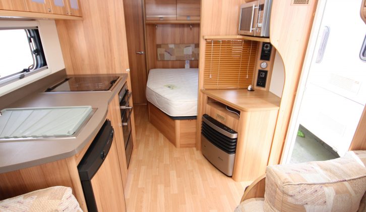 The spacious kitchen in the 2013 Bailey has ample storage, although the Truma heater steals cupboard space