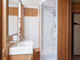 There’s more space around the shower cubicle in the big central washroom of this Bailey caravan