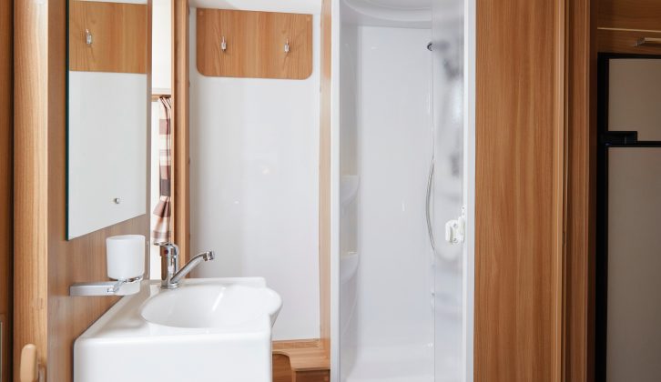 There’s more space around the shower cubicle in the big central washroom of this Bailey caravan