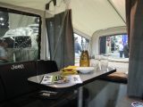 The interior of the Jeep trailer-tent is minimal, but has storage and powerpoints, plus a small dinette