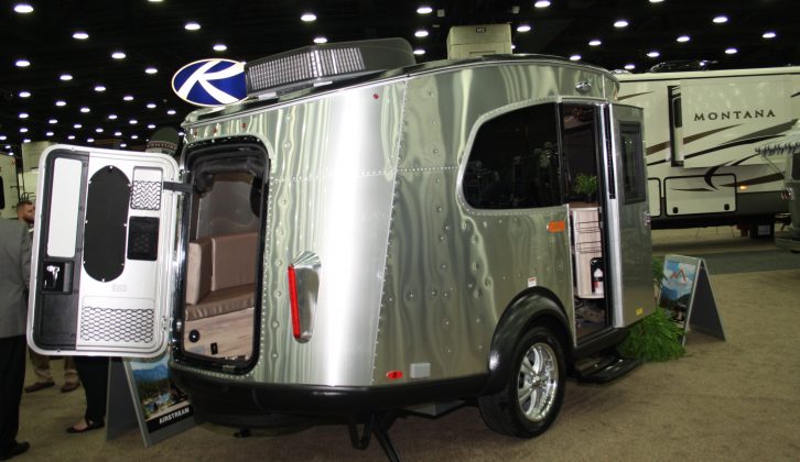 The rear of the Basecamp by Airstream features an 'escape hatch' door, in addition to the main door on the UK offside