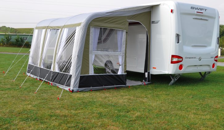 The Ventura Pascal 390 weighs 31.2kg and you can order IXL glassfibre rear legs to keep the awning against the caravan (£25 each)