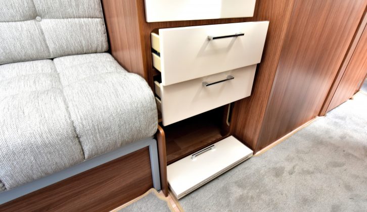 The offside wardrobe has hanging space, two drawers and a shoe locker – read more in the Practical Caravan Venus 590/6 review
