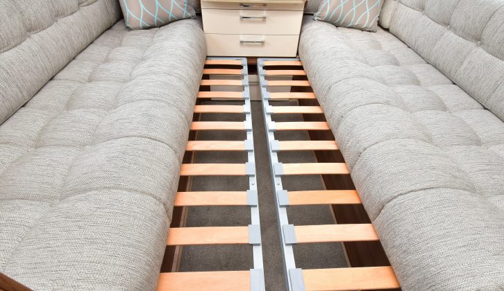 The front double bed measures 1.98m x 1.86m and is easy to assemble with bases that slide out from under the settees – or use the sofas as 1.86m x 0.68m single beds