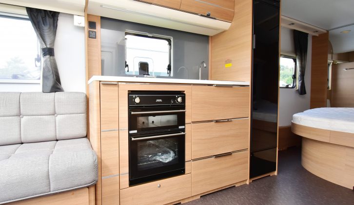 Stylish kitchens are expected with Adria caravans – storage is great, but worktop space is lacking