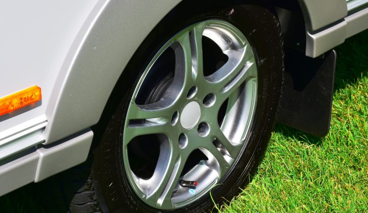 The standard-fit alloy wheels add to the snazzy appearance of this Adria caravan