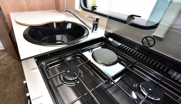 The kitchen is well-equipped, with a Thetford Aspire 2 oven, with a separate grill, and a dual-fuel hob