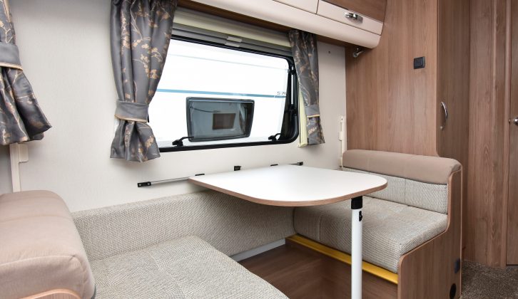 This wider-than-normal side dinette converts into bunks – the lower is 0.67m x 1.80m and the upper is 0.55m x 1.64m