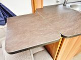 The kitchen has a fold-up worktop extension flap – read more in the Practical Caravan review of this 674 from the Quasar range of Lunar caravans