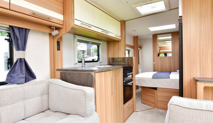 The extra-long skylight ensures that the lounge and kitchen areas of this Lunar caravan are flooded with light
