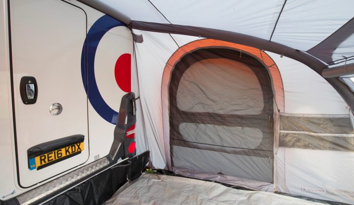 The awning's curved contours mirror the van’s, but they make it a little tricky to assemble