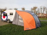 The Vango Airbeam awning fits to the back of the Swift Basecamp and costs an extra £795 –  it isn’t an absolute must, but we found it very useful