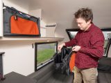 The removable overhead baskets have zipped fronts and are a great idea – read more in the Practical Caravan Swift Basecamp Plus review