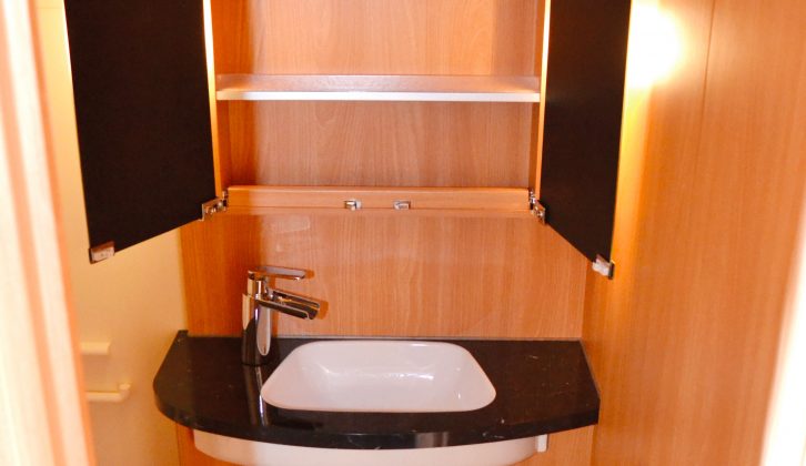 The sizeable central washbasin comes with very generous storage space – read more in the Practical Caravan Knaus StarClass 480 review