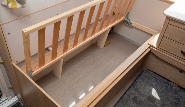 You get lots of storage space under the nearside sofa – the consumer unit and heater are under the offside sofa