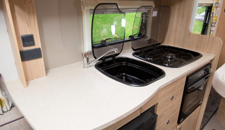 You get a three-burner hob, a combined oven and grill, and a Dometic fridge/freezer – a microwave is a £180 option