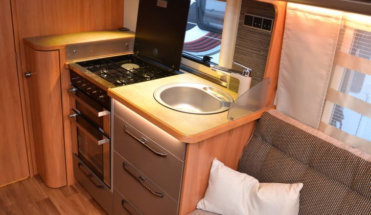 The brushed-steel effect on the kitchen drawers in this Hymer caravan adds class