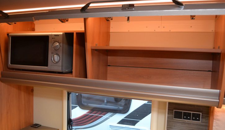 Up above, next to the Amica microwave, is further storage space – read more in the Practical Caravan Hymer Nova GL 470 review