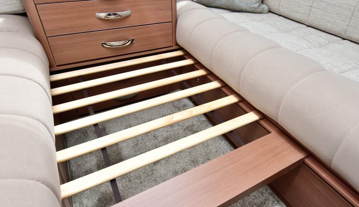 To make up the Buccaneer Galera's huge front double bed, use pull-out slats and infill cushions