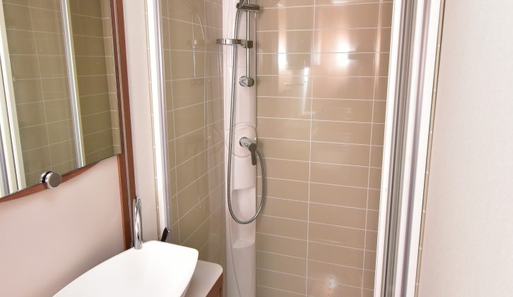 The shower cubicle almost looks like something you would find at home thanks to the tiled effect – and you only need one drainhole in this self-levelling van