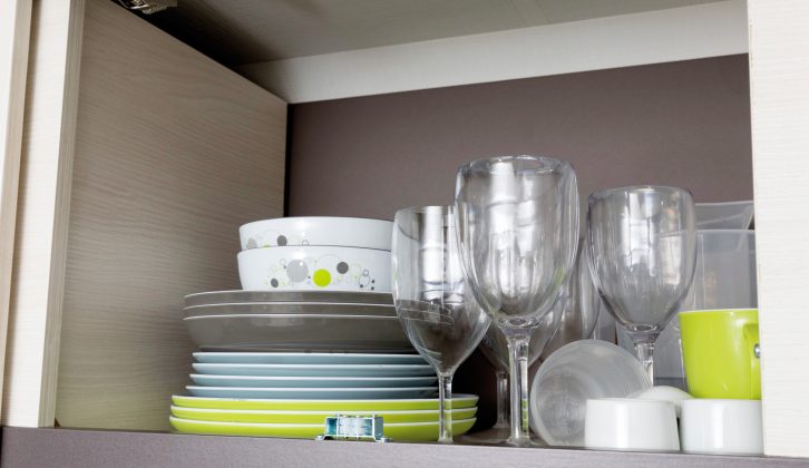 The overhead lockers in the Caravelair Antarès 476's kitchen are spacious enough for crockery and glasses