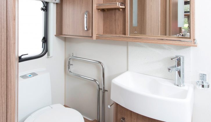 It's light and bright in the washroom of this Coachman caravan, with a decent amount of storage