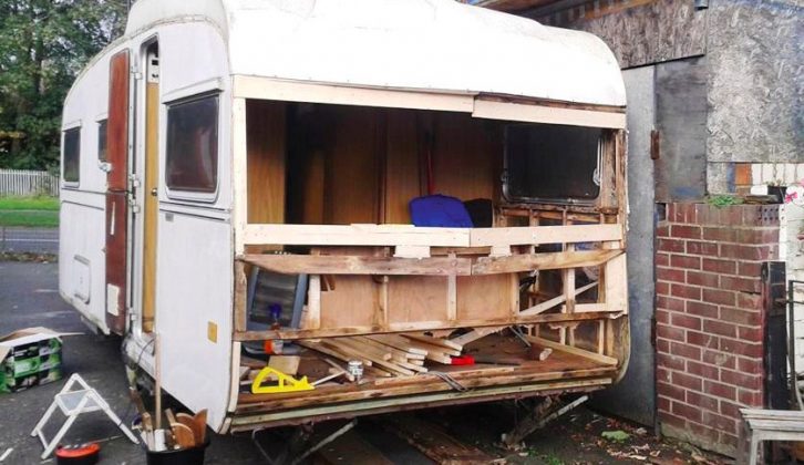 The rear panel of this vintage caravan had to be taken off during the restoration process