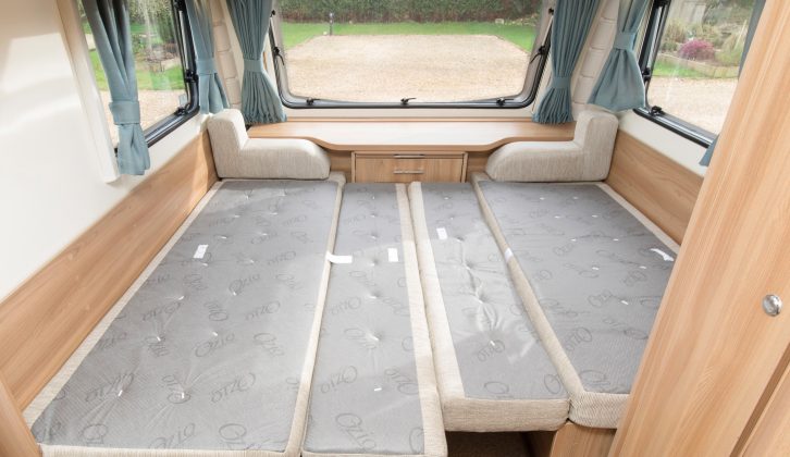 Up front, the 1.77m x 0.67m (nearside) and 1.55m x 0.67m (offside) sofas are probably too short for adults to use as single beds, but the area makes up into a large double
