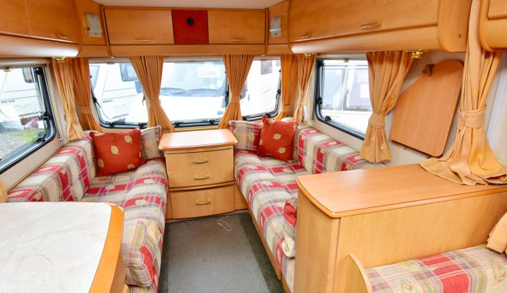 There's great roof-locker storage in the front lounge which is spacious with Newbury upholstery as standard – check for any sagging in the support of the seat cushions