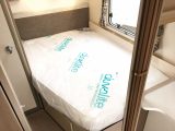 The rear fixed double bed measures 1.98m x 1.30m and has a comfy Duvalay Duvalite mattress – a blind and fabric screen close off this area at night